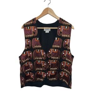 VTG 90s SOHO Compagnie Elephant S Embroidered Vest‎ Black Cotton Boho Folk Art